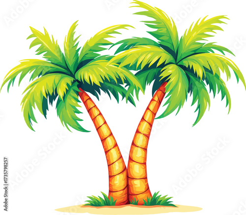Cartoon palm tree vector with green fronds, orange trunks, and sandy base for tropical beach, vacation, and nature themes
