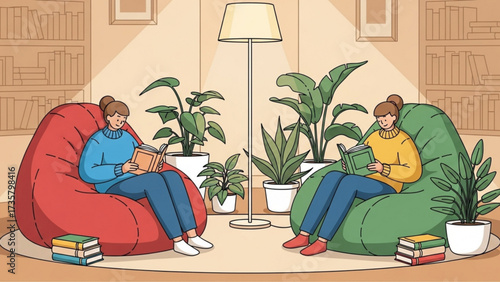 Two women reading books in cozy living room surrounded by plants, creating a peaceful and relaxing atmosphere for indoor leisure and personal enrichment.