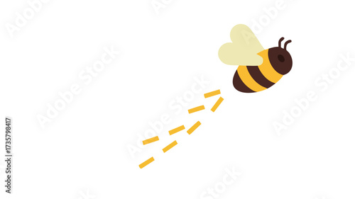 A cute cartoon bee with yellow and black stripes and light yellow wings flying diagonally upwards, leaving a dotted trail behind it on a white background.