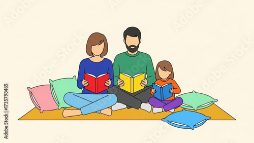 Family reading books together on a mat surrounded by colorful pillows in a cozy home environment, creating a warm and educational atmosphere.