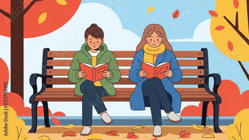 Two young women reading books on a park bench surrounded by colorful autumn leaves, enjoying a peaceful and relaxing afternoon in the crisp air.
