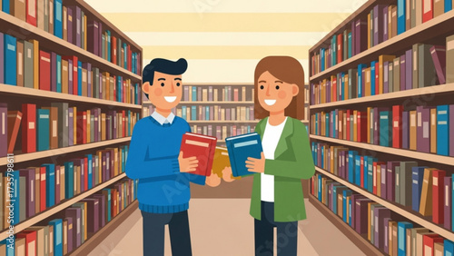 Smiling man and woman holding books converse in a library surrounded by tall bookshelves filled with colorful books, creating a scholarly and inviting atmosphere.