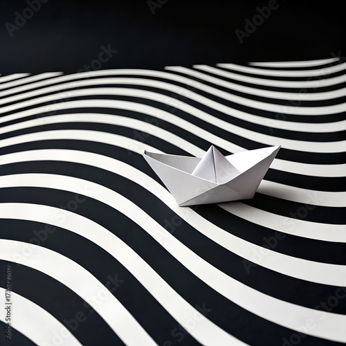 paper boat on stylized white and black striped waves.