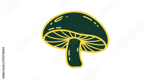 Illustration of a dark green mushroom with yellow outline and gills on a white background.