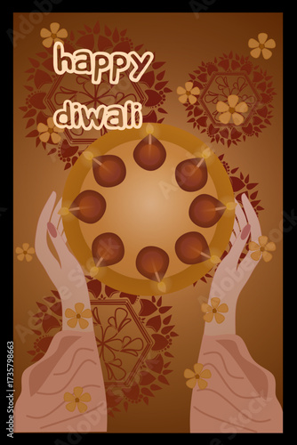 Diwali card design, earthen lamps arranged in a plate