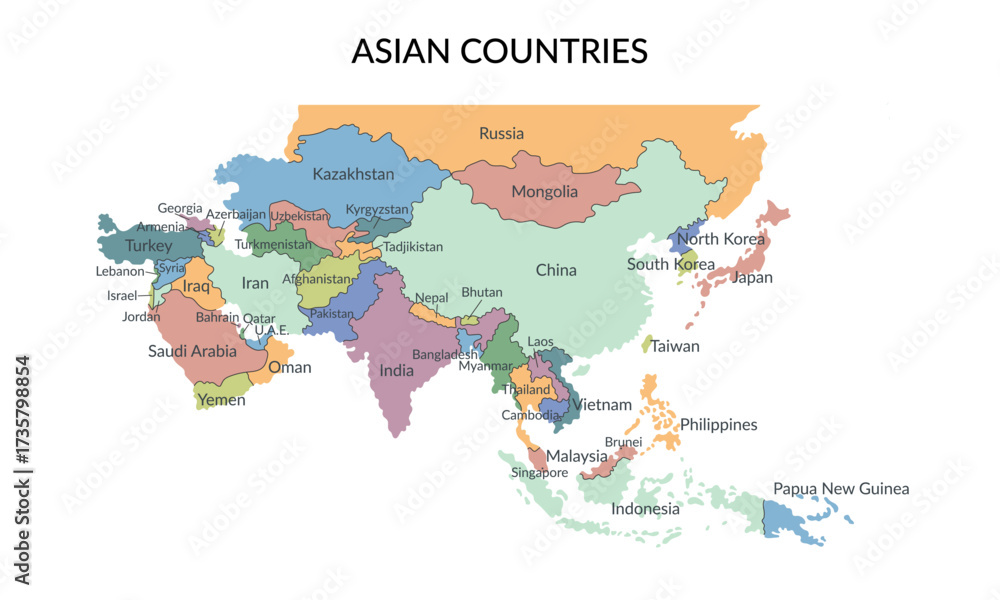 Naklejka premium Asian countries borders and names isolated on white background. Vector template isolated on white.