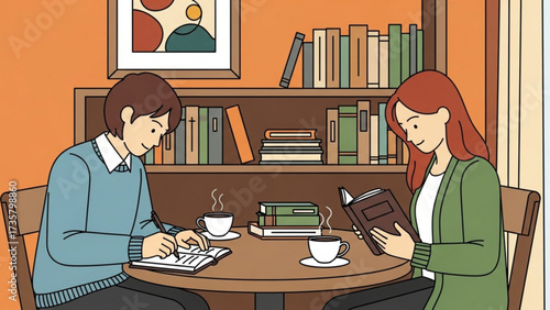 Young couple studying together at a cozy cafe, enjoying coffee and books in a warm, inviting atmosphere.
