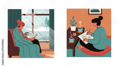 Woman reading book and drinking coffee in cozy living room during snowy winter day, enjoying peaceful and relaxing moment.