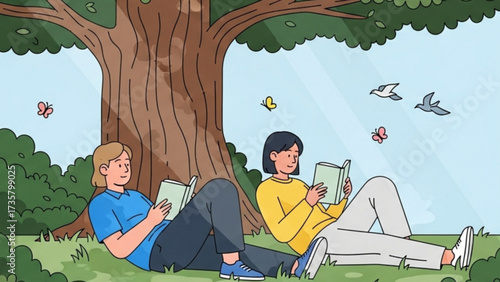 Couple reading books under a large tree in park surrounded by butterflies and birds on a sunny day, enjoying peaceful and relaxing moment together.
