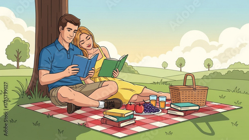 Couple reading a book together during a picnic under a tree in a park on a sunny day, enjoying each other's company in a peaceful and romantic atmosphere.
