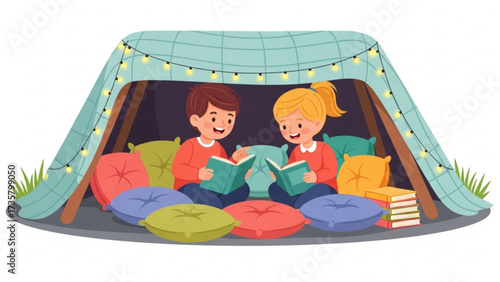Children reading books inside cozy blanket fort decorated with string lights, creating a magical and imaginative atmosphere for playtime and learning.