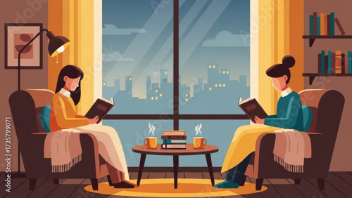 Two women reading books in cozy living room with city view at night, creating a peaceful and relaxing atmosphere for indoor leisure time.