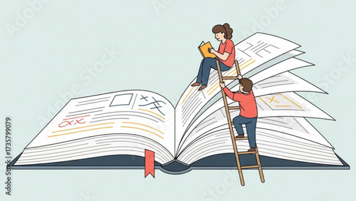 People collaborating on a giant book, climbing a ladder to add pages, showcasing teamwork and knowledge creation in a whimsical style.