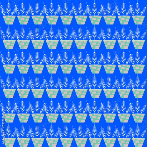 Royal blue seamless botanical folk triangles and planter rows – geometric textile pattern