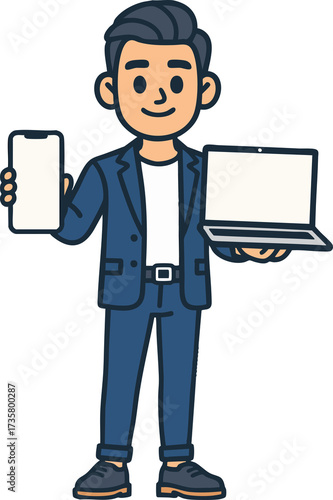Smiling man holding smartphone and laptop for free presentation