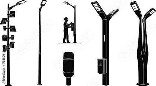Vector illustration of modern street lamps with solar panels, worker repairing light post, contemporary lighting poles, urban outdoor design, smart city technology.
