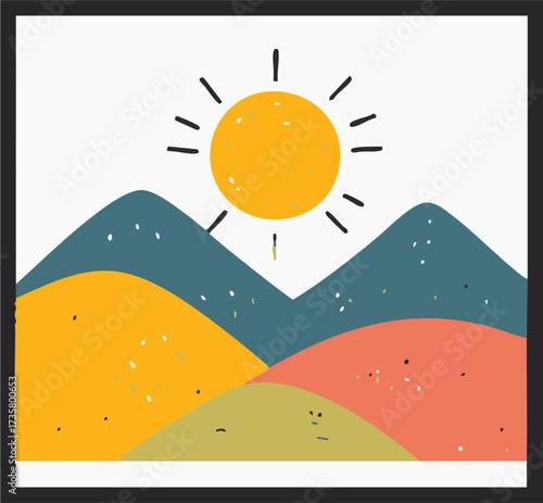 Minimal sunrise landscape with sun and rolling hills in clean illustration