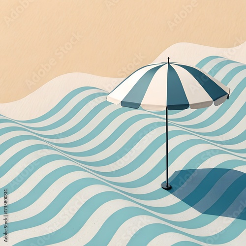 minimalist beach umbrella stylized blue and white striped waves.
