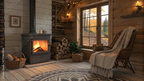 Cozy log cabin interior with a stone fireplace, lit fire, rocking chair, and autumn leaves scattered on the floor.


