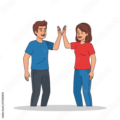 Happy people giving high five, jumping, celebrating success, achievement. Smiling man and woman partners greeting, hand clap gesture. Flat graphic vector illustration isolated on white background