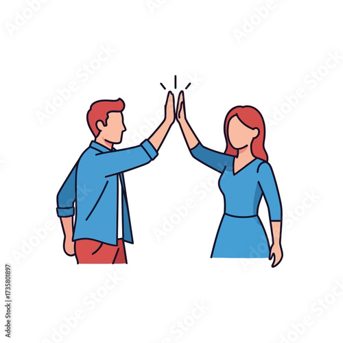Happy people giving high five, jumping, celebrating success, achievement. Smiling man and woman partners greeting, hand clap gesture. Flat graphic vector illustration isolated on white background