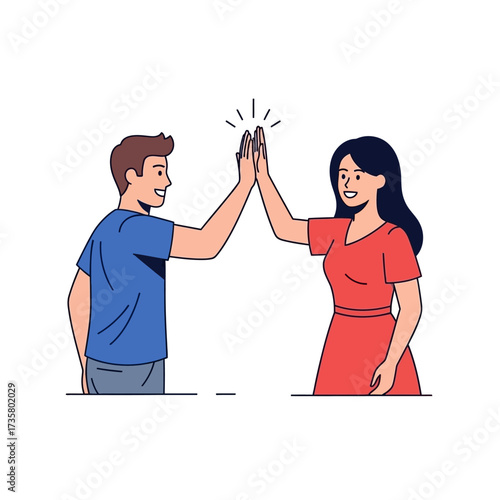 Happy people giving high five, jumping, celebrating success, achievement. Smiling man and woman partners greeting, hand clap gesture. Flat graphic vector illustration isolated on white background