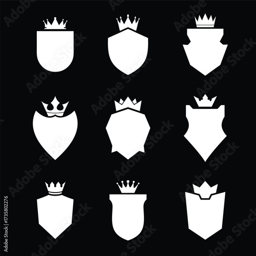 Silhouette Shield icon set in vintage style, Protect shield security line icons. Badge quality symbol, sign, logo or emblem, Vector, crown.