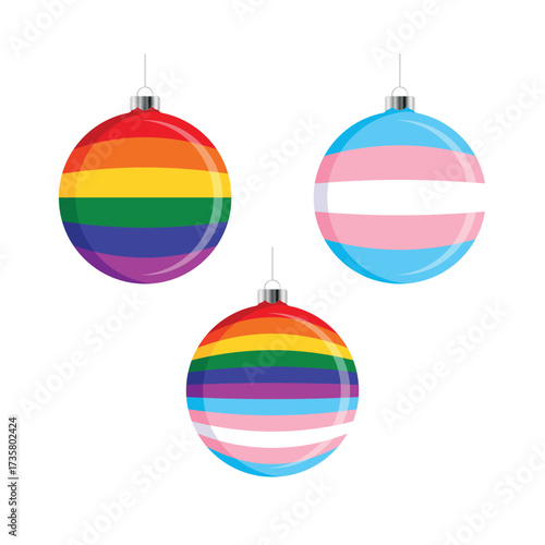 LGBTQ and Transgender flag Christmas ball icon set vector on a white background. LGBTQ+ decorative rainbow Christmas tree ornament. Christmas hanging multicolored bauble with pride flag symbol