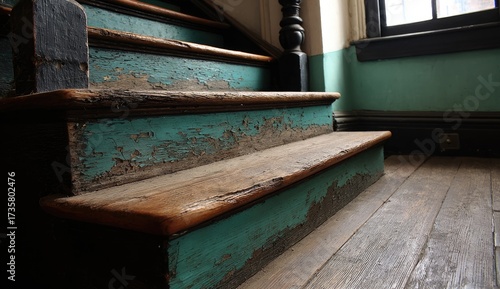 Close-up view of weathered wooden steps with teal paint, showcasing the aged and worn character of the interior.