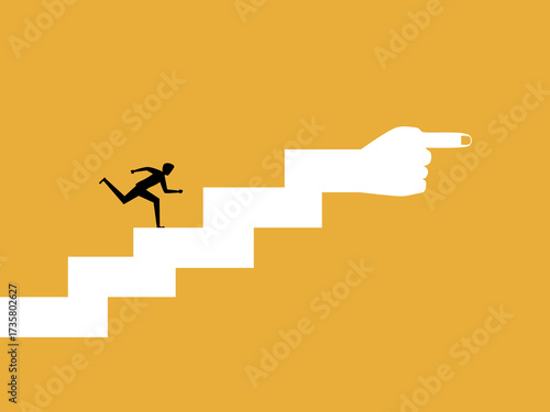 businessman runs step by step in the direction index finger points.