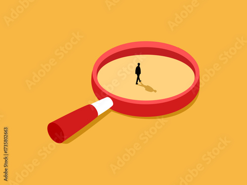 Analysis, Travelogue, Businessman Walking Through Magnifying Glass