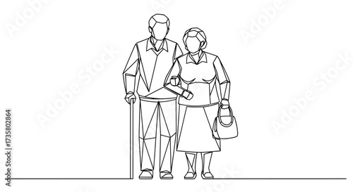 Elderly couple standing together continuous line art vector illustration for family and relationship