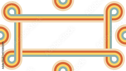 Groovy rainbow frame with abstract wave line. 70s vintage pattern background for funky and psychedelic wallpaper. Dynamic curve artwork with swirl flow. Geometric playful 80s style bg illustration.