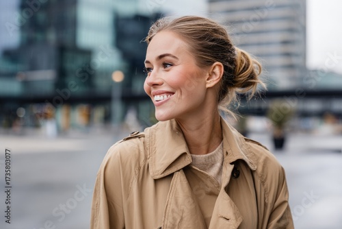 Smiling young caucasian female in urban setting wearing trench coat