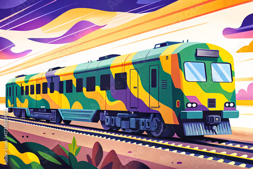 Military style train showcasing a camouflage pattern in green, yellow, and orange hues, standing out prominently, illustrated in professional high-quality vector style