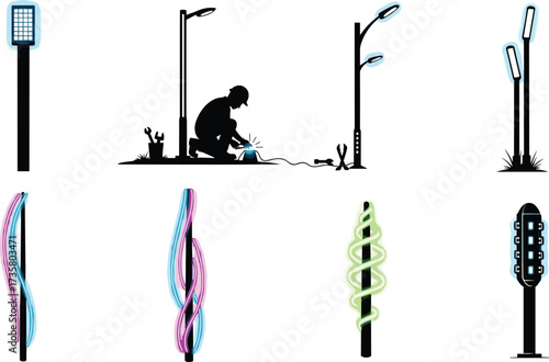 Vector illustration of modern neon street lamps, worker repairing light post, glowing decorative designs, futuristic outdoor lighting, artistic urban lamp posts.