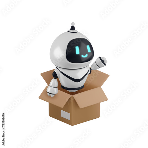 Vector cartoon 3d logistics automation. Realistic 3d render robot character in open carton box. Futuristic parcel management, chat bot delivery assistant service concept, smart storage