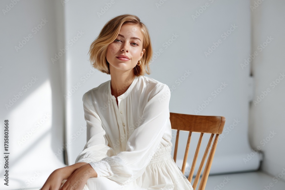 Naklejka premium Caucasian female in white dress sitting on wooden chair in sunlit studio