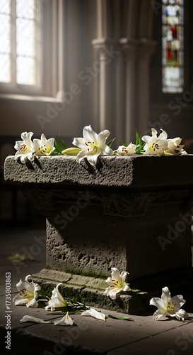 Church Altar with White Lilies.