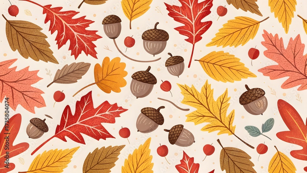 Fototapeta premium Seamless background pattern illustration featuring colorful autumn leaves and acorns.
