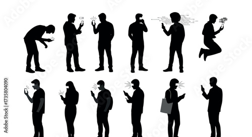 Silhouette of people using smartphones diverse poses and interactions vector illustration on white