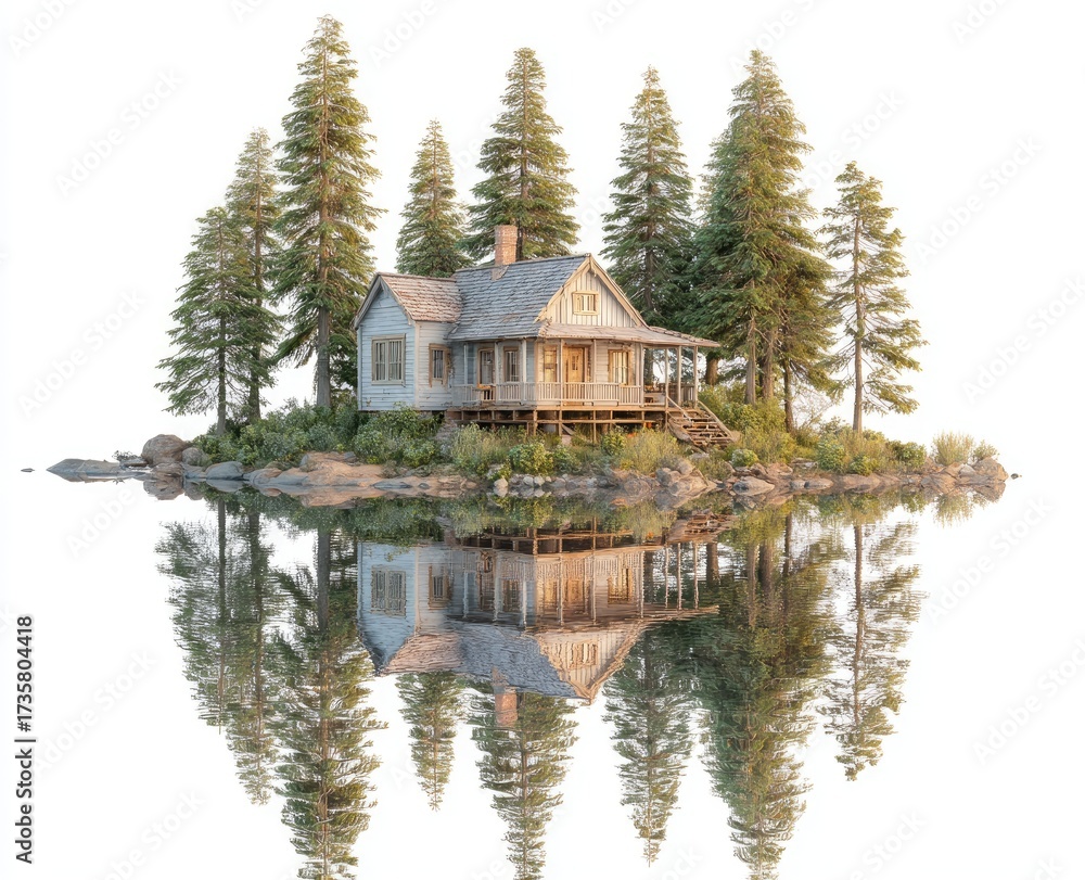 Fototapeta premium Rustic cabin on a tranquil island reflected in a glassy lake