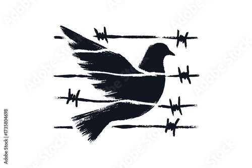 Dove and barbed wire ink silhouette black on white vector illustration