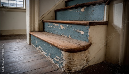 A close-up view of weathered, painted wooden stairs in a dusty interior, showcasing the peeling paint and aged wood grain.
