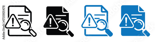 Illustration of a document with a magnifying glass and an exclamation mark, , representing error checking, data analysis, and document verification process