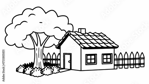 Illustration of a house with a tree and fence in a black and white outline drawing style image view created with generated ai 