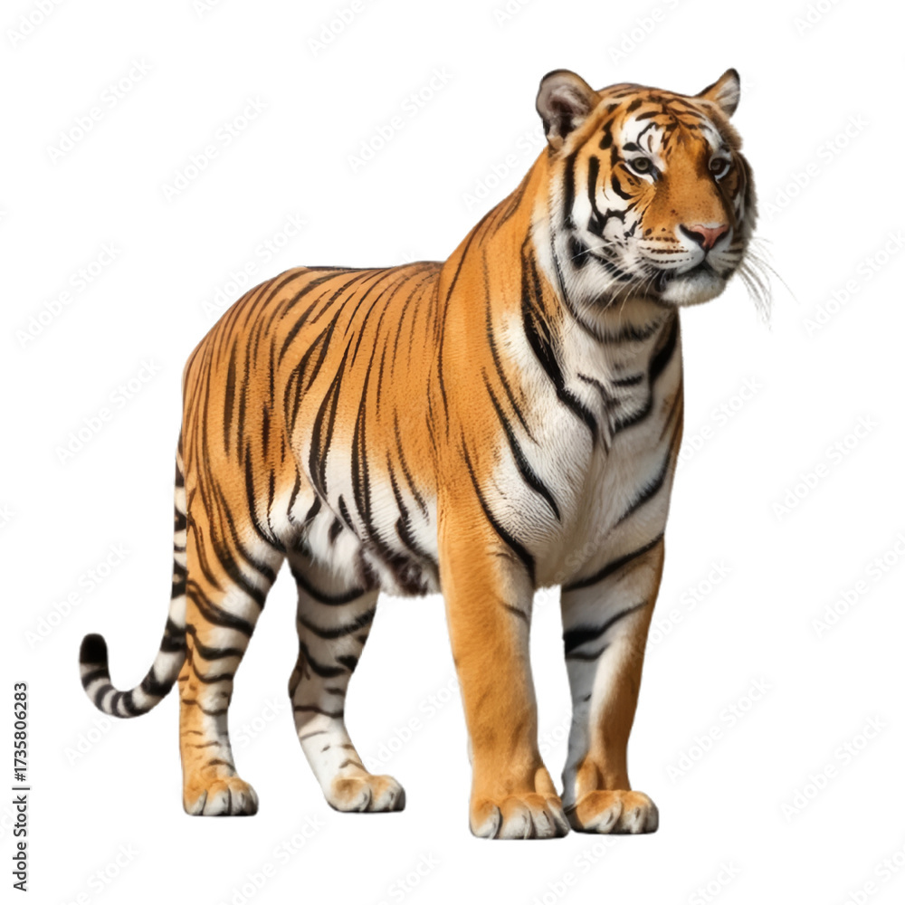Obraz premium Majestic tiger with striking orange and black stripes stands confidently on a clean white background, showcasing its powerful physique and alert gaze.