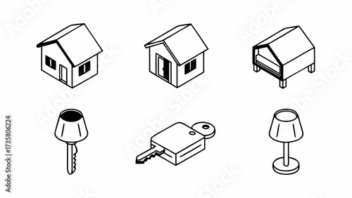 Isometric drawings of houses, a bed frame, and two keys with lamps on a white background created with generated ai 