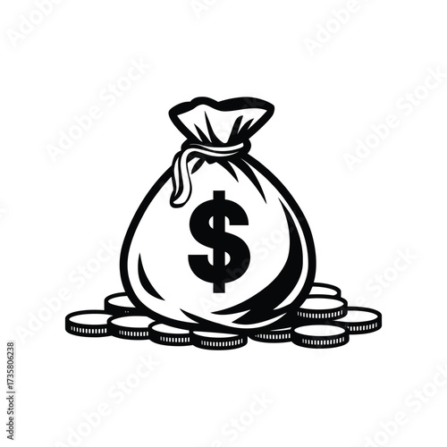 Black and white illustration of a money bag with dollar sign and coins symbolizing wealth, savings, and finance