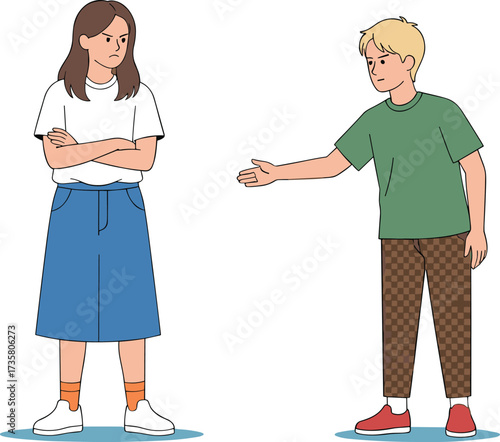 Angry girl refusing handshake, upset boy apologizing, conflict between friends, cartoon character illustration, relationship argument, communication problem, emotional expression, disagreement scene